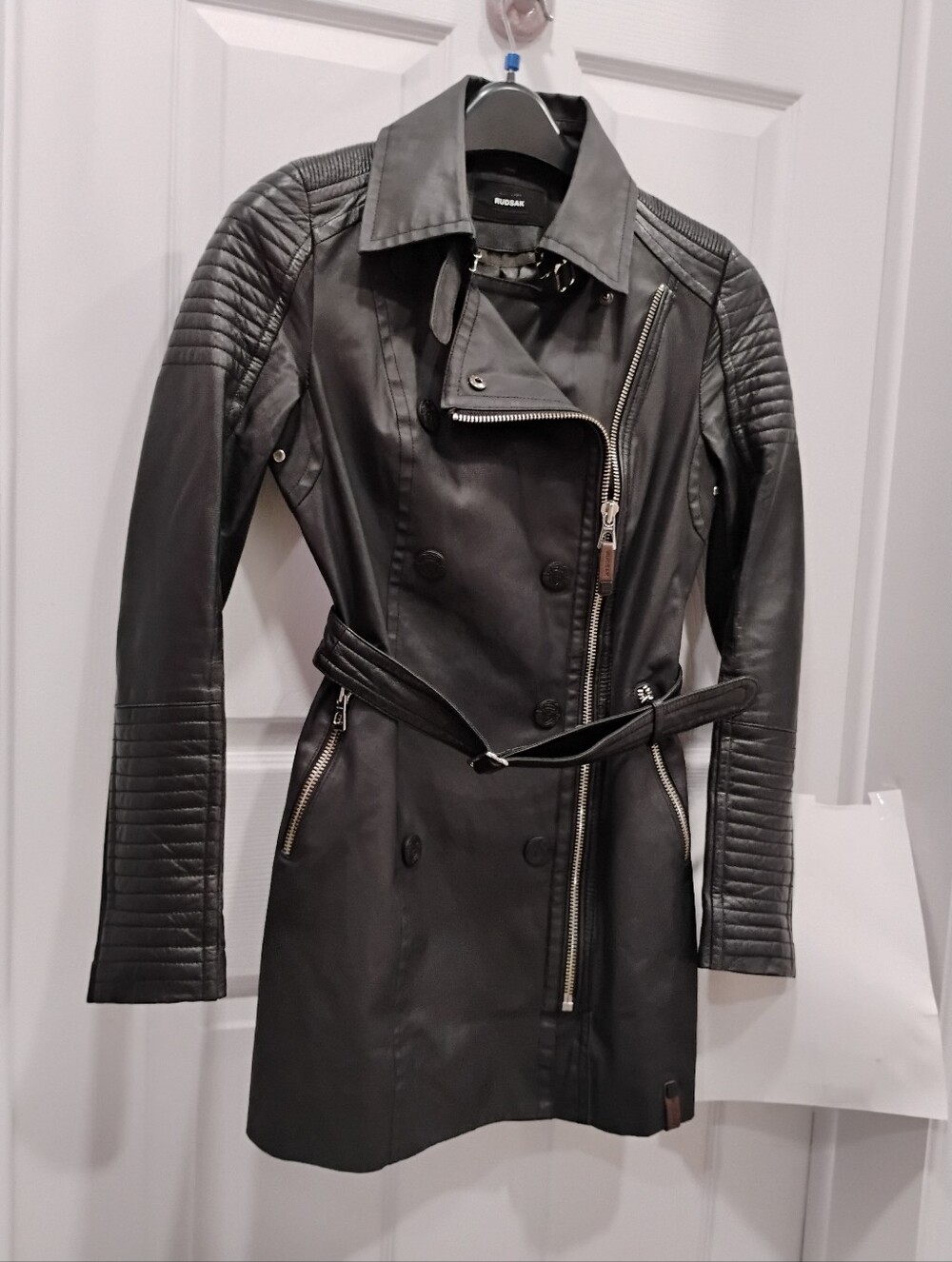 RUDSAK | Marjorie Asymmetrical zip trench coat, linen + leather